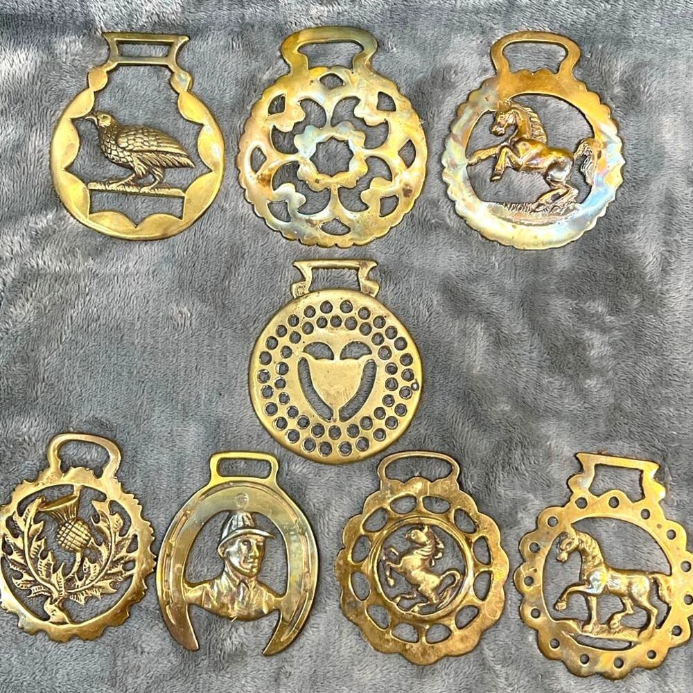 Vintage Lot 8 Horse Brasses Medallions Equestrian Pub Decor Plaques Wall Hanging